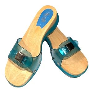 ROSELLI ITALY Wood Low Wedge Sandal with clear plastic Buckle Shoes